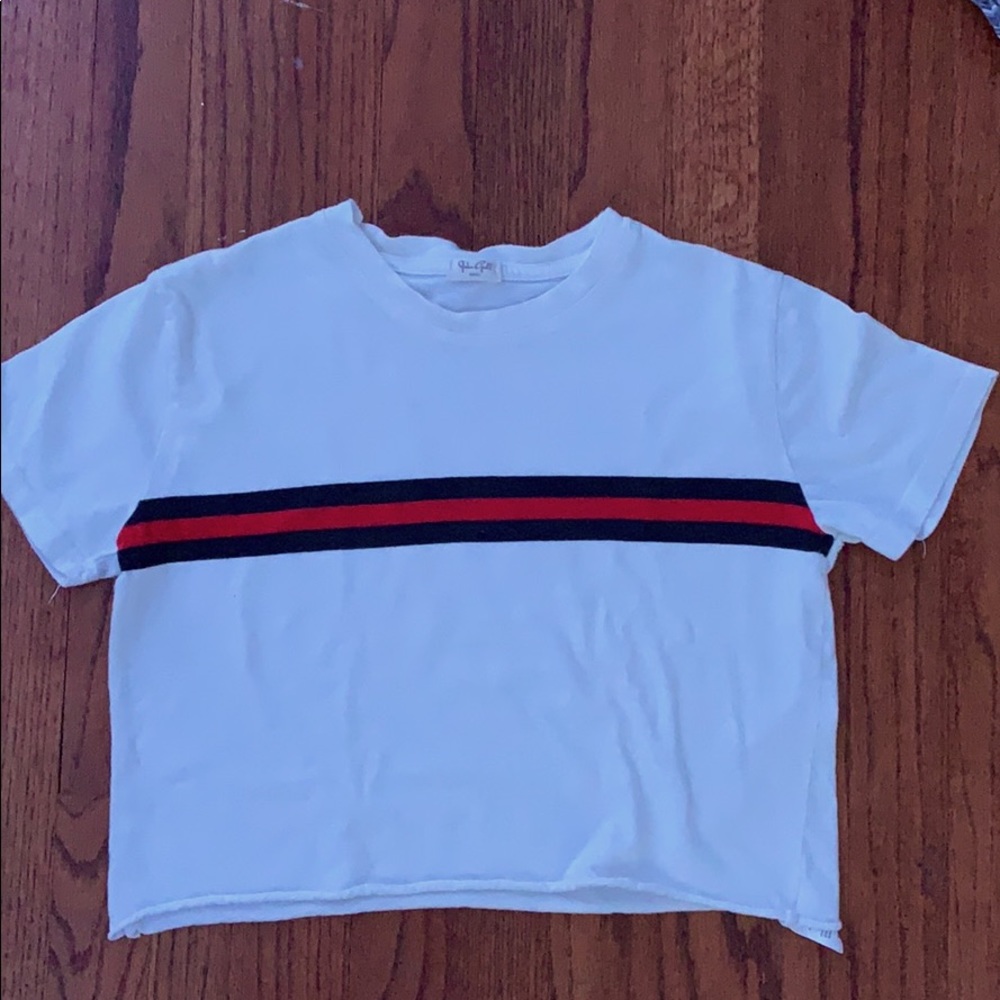 white cropped tee with red & blue stripe